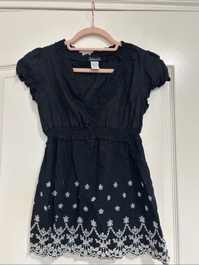 Justice Black Babydoll Top with White Embroidered Hem